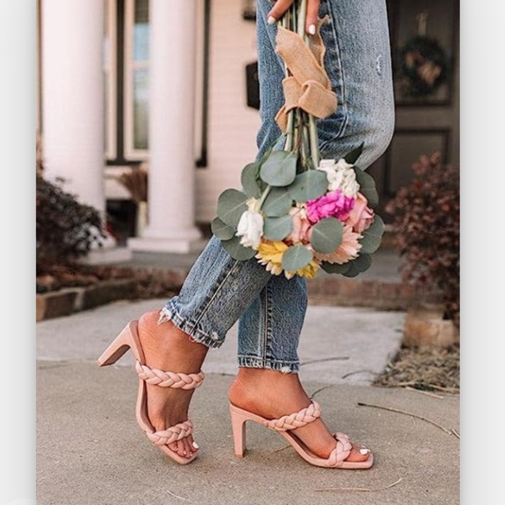 NWT Katliu Women’s Braided Square Toe Block Heel Sandals in Light Pink